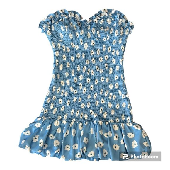 NWT LeLe  Floral Ruffle Mini Dress Blue Size Medium Sweetheart Neckline Smocked - Picture 3 of 16
